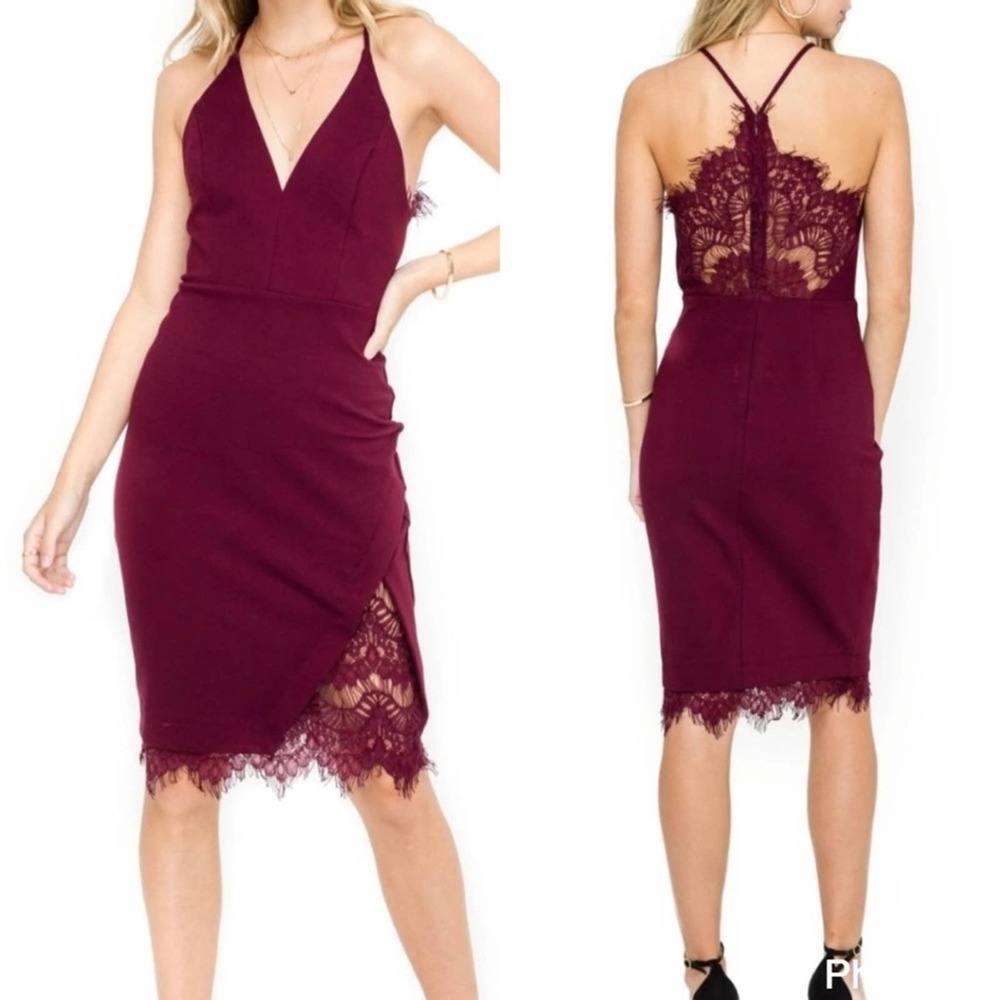 Astr Sexy Lace-Back V-Neck Bodycon Dress in Deep Wine
